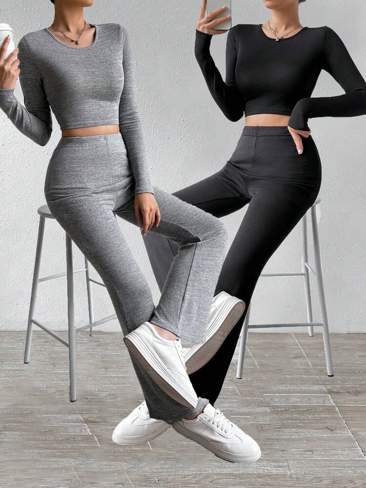 Tight-Fitting Round Neck Long-Sleeved Flared Pants Two-Piece Set Fall Cloth For Women