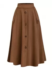 SHEIN LUNE Của phụ nữ Kích thước lớn Màu thuần Chi tiết Nút Eo đàn hồi Váy - Màu Khaki - Xem 1