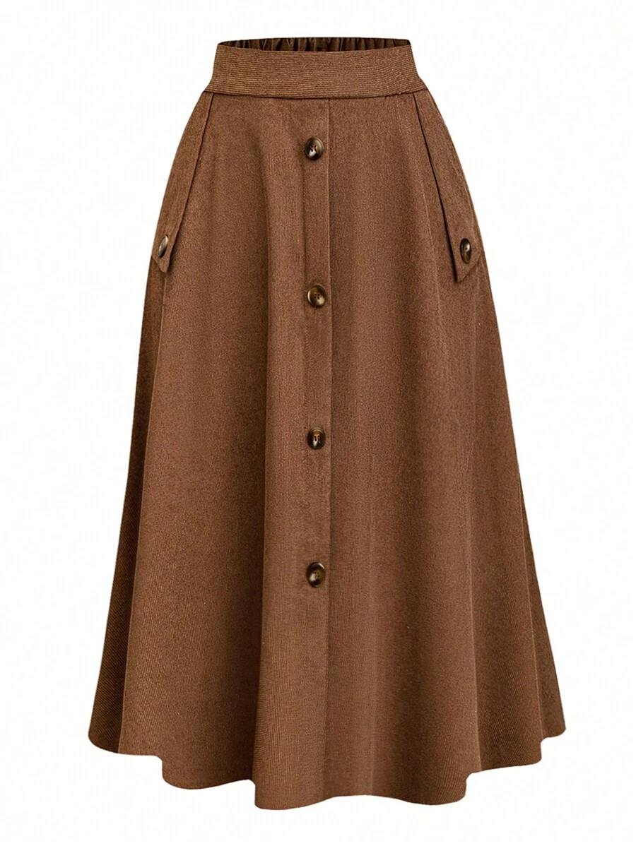 SHEIN LUNE Của phụ nữ Kích thước lớn Màu thuần Chi tiết Nút Eo đàn hồi Váy - Màu Khaki - Xem 1