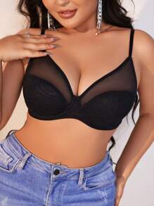 SHEIN 大尺碼女性網紗拼接文胸上衣 - 黑色 - 查看 4