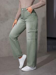 SHEIN LUNE 女用有蓋口袋直筒牛仔褲 - 綠色 - 查看 1