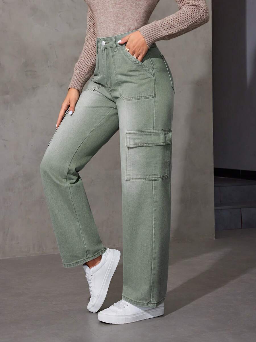 SHEIN LUNE 女用有蓋口袋直筒牛仔褲 - 綠色 - 查看 1
