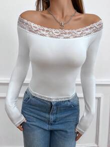 SHEIN Qutie 女士蕾絲拼接長袖修身t恤 - 白色 - 查看 1