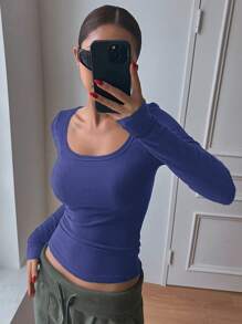 DAZY Của phụ nữ Màu thuần Thon gọn Lông cừu Tay áo dài Áo thun - Xanh đậm - Xem 5