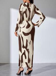 SHEIN Tall 女款長袖印花洋裝 - 棕色 - 查看 2