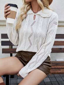 SHEIN LUNE Women'S Solid Color Hollow Out Cable Knitted Sweater  Fall Winter Outfit - White - View 4