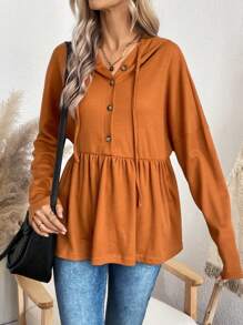 SHEIN LUNE Women's Drawstring Hooded T-shirt - Khaki - View 4