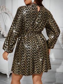 Calvaya Vestido De Mujer De Talla Grande Con Manga Farol Y Estampado Metalizado Dorado - Negro - Ver 2