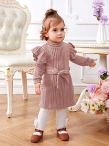 SHEIN Đầm len cổ lọ tay ngắn màu trơn giản dị cho bé gái kèm thắt lưng - Hồng - Xem 1