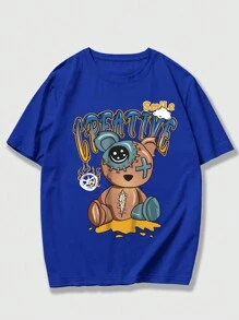 ROMWE MEN Street Life Camiseta de letras y osito para hombre - azul real - Ver 4