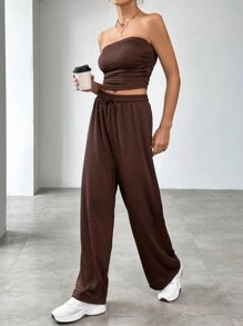 SHEIN Essnce Của phụ nữ Đơn giản Màu thuần Ống ngọn Và Quần Hai chiếc Bộ - màu nâu - Xem 1