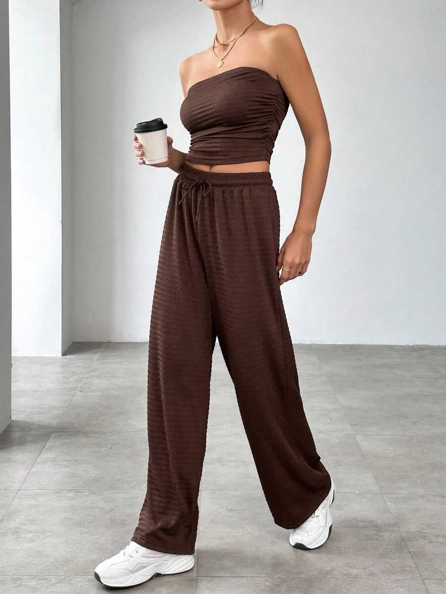 SHEIN Essnce Của phụ nữ Đơn giản Màu thuần Ống ngọn Và Quần Hai chiếc Bộ - màu nâu - Xem 1