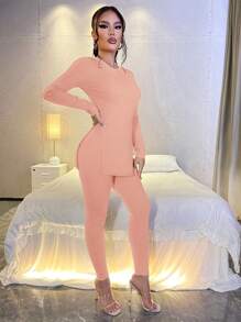 SHEIN SXY Women's Slim Fit Two Piece Set With Split Hem Design - Pink - View 5