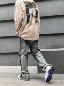 Manfinity EMRG 男士直筒牛仔褲寬鬆又長的酸洗深色牛仔褲，帶口袋，純藍色，派對嘻哈饒舌風格 - 淺灰色 - 查看 2