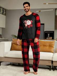 Men 1pc Buffalo Plaid & Christmas Print Raglan Sleeve Sleep Tee & 1pc Sleep Pants
