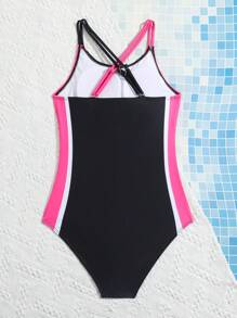 青少女拼色十字肩帶連身泳衣 - 彩色 - 查看 2