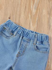 SHEIN Vintaside Kids 男孩通用中性休閒燈色洗水完全彈性腰平口袋牛仔褲 - 淺色水洗藍 - 查看 6