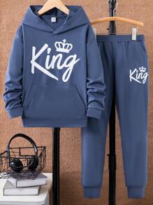 SHEIN 男女童2件套裝,休閒運動衫,運動長褲,字母印花 - 藍色 - 查看 1