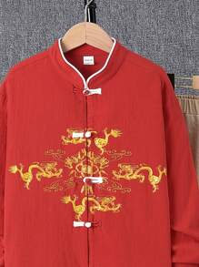 SHEIN Tween Boys' Stand Collar Printed Shirt And Pants Hanfu Suit - Red - View 4