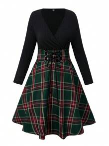 SHEIN Clasi 加大號v領交叉綁帶格紋拼接裙 - 軍綠色 - 查看 1