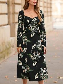 SHEIN Frenchy Của phụ nữ In hoa Tim Đường viền cổ áo Thắt lưng Eo Đầm Không có thắt lưng - màu đen - Xem 5