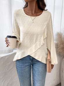 SHEIN LUNE 女背紐扣荷葉邊下擺襯衫 - 杏色 - 查看 4