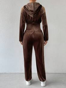 SHEIN Essnce 帽子設計拉鍊絨面連身衣 - 咖啡棕 - 查看 2