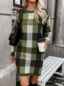 SHEIN LUNE 秋冬圓領格紋套頭毛衣洋裝 - 軍綠色 - 查看 4