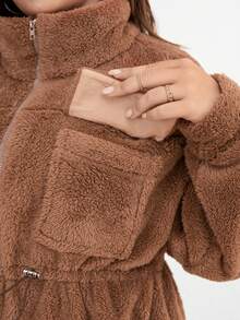 SHEIN LUNE Hơn Túi có nắp Eo dây rút Thả vai Flannelette Áo khoác - Cà phê nâu - Xem 6