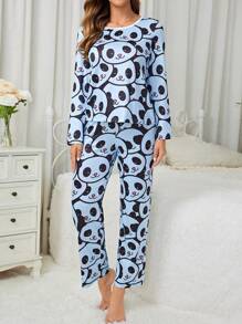 Conjunto De Pijama De Patrón De Panda Para Mujer - Celeste - Ver 3