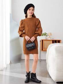 SHEIN Vestido Tipo Jersey Con Cuello Redondo Y Manga Larga, Informal, Holgado, Para Niñas Preadolescentes