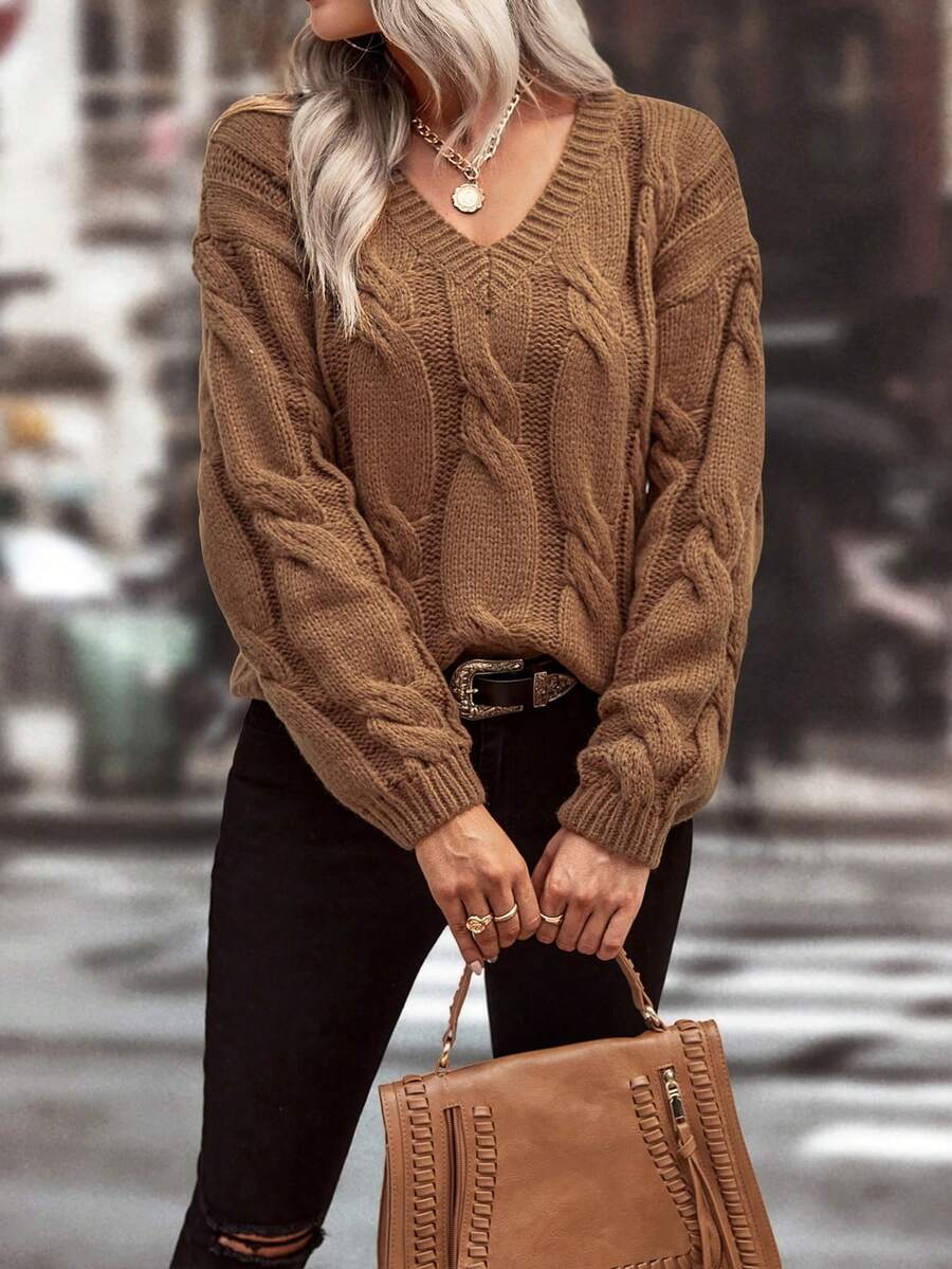 SHEIN LUNE 女款落肩扭紋針織毛衣 - 咖啡棕 - 查看 1