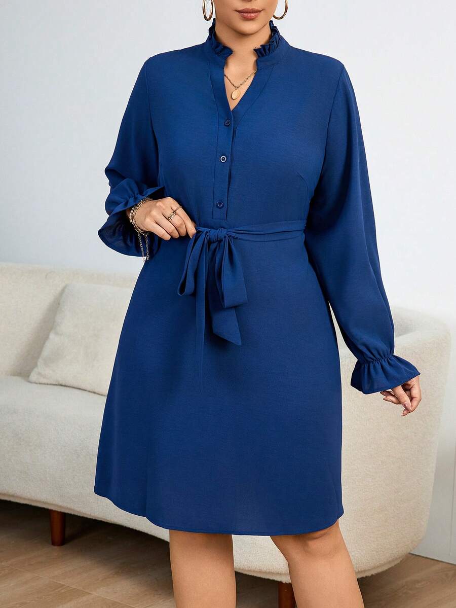 Celure Plus Size Notched Collar Ruffle Sleeve Belted Dress - Royal Blue - View 1