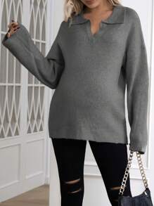 SHEIN 孕妇落肩翻领毛衣，冬季 - 深灰色 - 查看 5