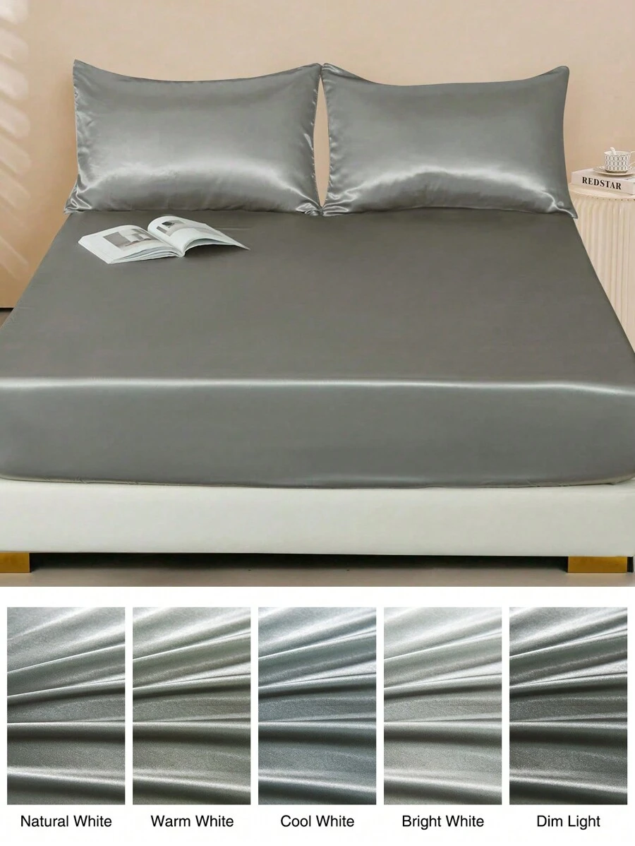 3pcs Satin Solid Bedspread Set [3 PiecesMulti-Color] Luxury Sateen Bedcover - Ultra Soft & Fine Fiber Set, Wrinkle-Resistant, Fade-Resistant, Stain-Resistant - Fitted Sheet, Pillowcases, King Size - Grey - View 1