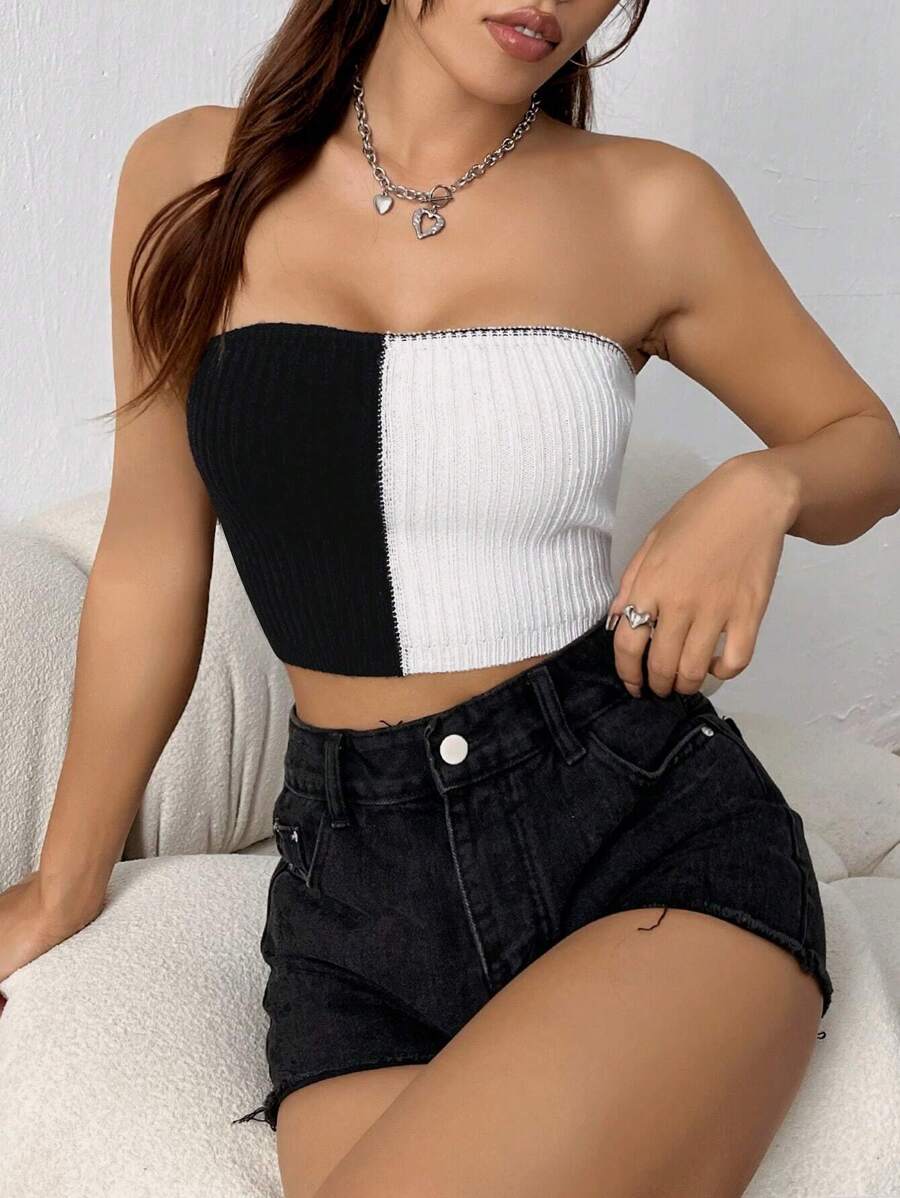 SHEIN Unity Khối màu Dệt kim Ống ngọn - Đen và trắng - Xem 1