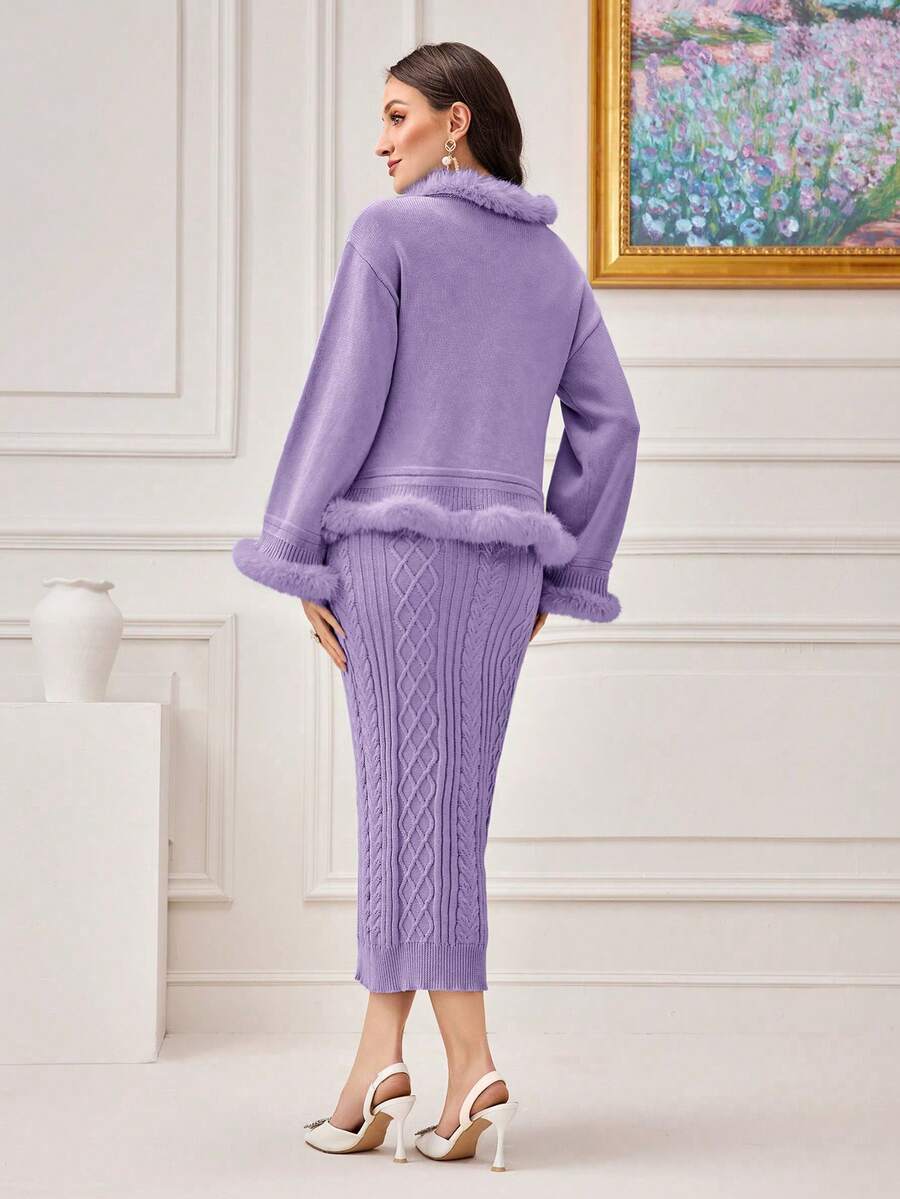 SHEIN Modely Cable Knit Vest Sweater Dress And Fuzzy Embellished