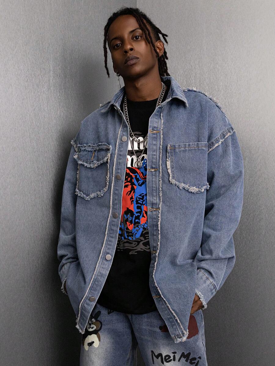 Manfinity Roghcode Men's Autumn Frayed Shoulder Drop Long Sleeve Single-Breasted Pocket Casual Denim Shirt - Light Wash - View 1