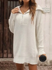 SHEIN LUNE Của phụ nữ Giải trí Màu thuần Vòng cổ Thả vai Đầm Áo len - Màu be - Xem 5