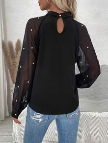 SHEIN Frenchy Button Up Mesh & Bead Patchwork Keyhole Neckline Shirt - Black - View 2