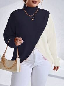 Celure Plus Size Women's Colorblock Asymmetrical Hem Sweater - Navy Blue - View 6