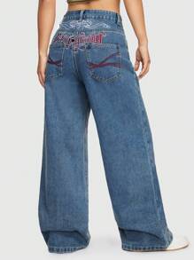 ROMWE Street Life Quần Jeans Nữ Dáng Thẳng Đơn Giản Màu Trơn Thêu Chữ Vine Phong Cách Đường Phố - Màu xanh lam - Xem 1