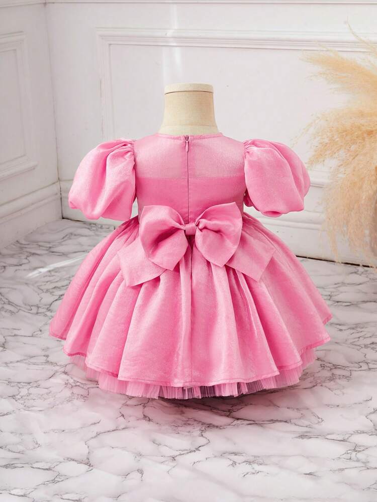 Baby Girls' Elegant Pink Satin Bubble Short Sleeve Dress With Bow And Tulle