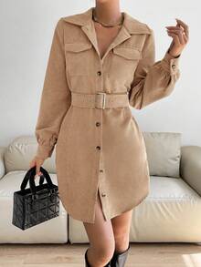 SHEIN Essnce Holiday Dress Corduroy Mini Christmas Women Dress Women's Casual Front Button Short Dress, Autumn/Winter - Khaki - View 6