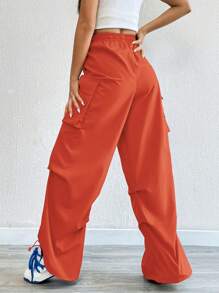 SHEIN Coolane Pantalón De Pierna Ancha Con Bolsillo De Solapa Y Cintura Con Cordón Para Uso En Actividades Al Aire Libre - Naranja - Ver 2