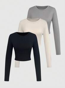 SHEIN Unity 女裝3入組肋紋長袖t恤 - 黑色 - 查看 1