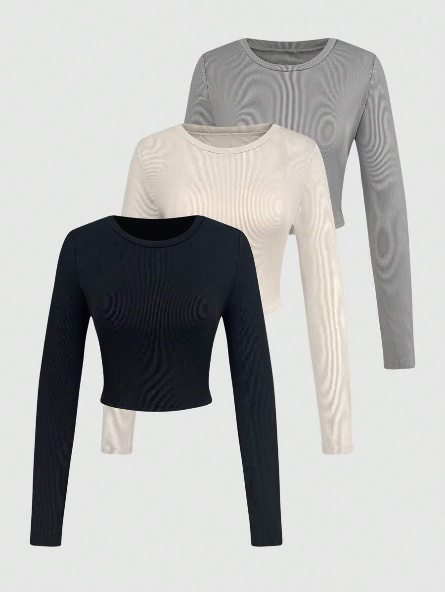 SHEIN Unity 女裝3入組肋紋長袖t恤 - 黑色 - 查看 1