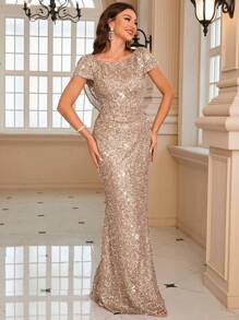 UNITHORSE 女士船领闪亮鱼尾下摆晚礼服派对礼服婚礼宾客礼服正式礼服晚礼服、新娘礼服、生日礼服、毕业礼服 - 杏色 - 查看 5