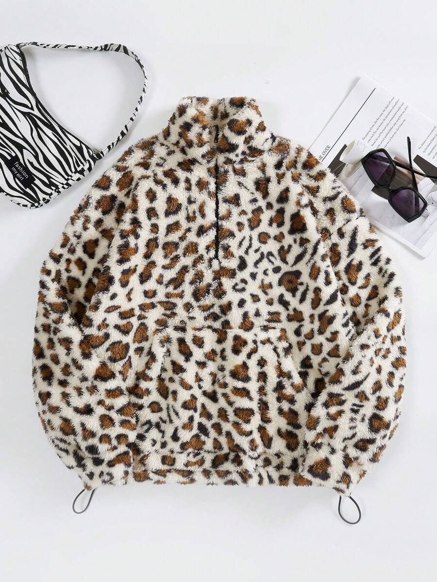 SHEIN EZwear Leopard Print Fleece Half Zip Hoodie - Khaki - View 1