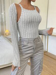 SHEIN Essnce 女士中空2合1拼接t卹 - 白色 - 查看 5